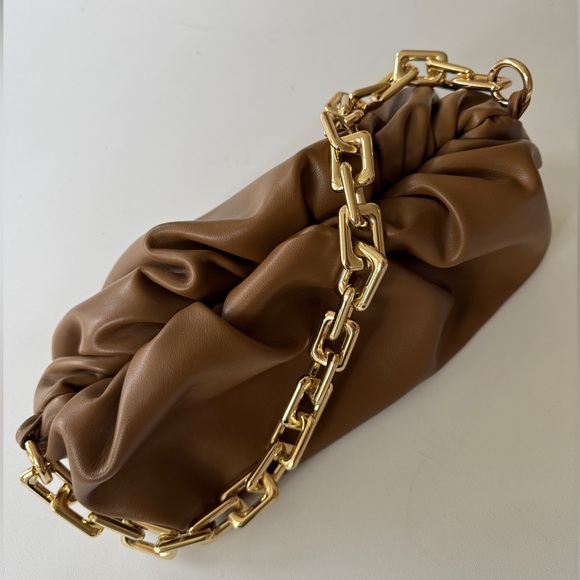 Italian Leather Slouchy Pouch Handbag - Brown - Detachable Chain Strap - Picture 3 of 8